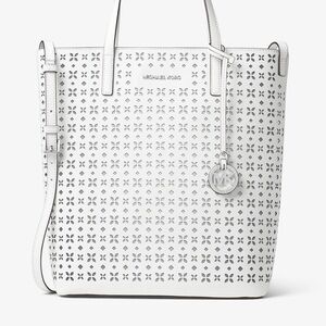 White Michael Kors Hayley Large Perforated-Leather Tote Bag